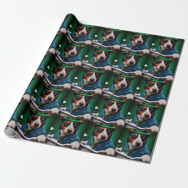 Blue Heeler Dog Driving Bike St. Patrick's Day Wrapping Paper (Unrolled)