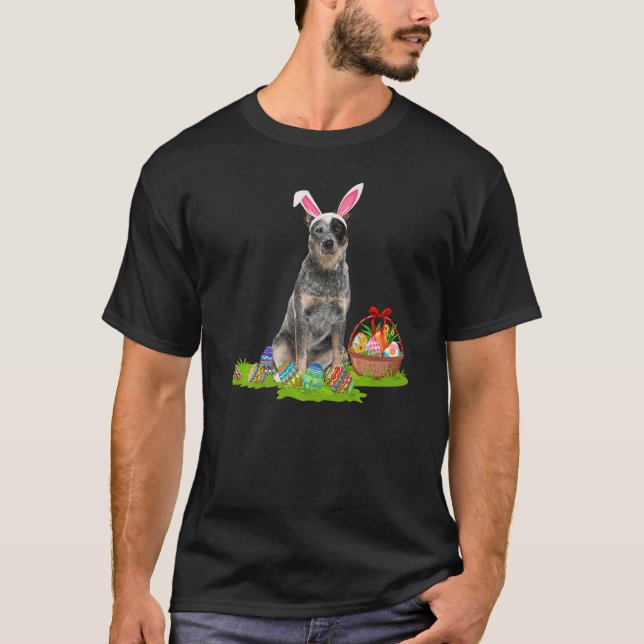 Blue Heeler Dog Easter Egg Hunting Bunny Blue Heel T-Shirt (Front)