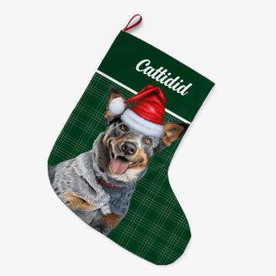 Blue Heeler Dog Green Holiday Plaid Personalized Large Christmas Stocking