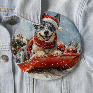 Blue Heeler Dog in Sledge Let it Snow Christmas 6 Inch Round Button