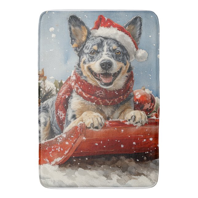 Blue Heeler Dog in Sledge Let it Snow Christmas Bath Mat (Front Vertical)