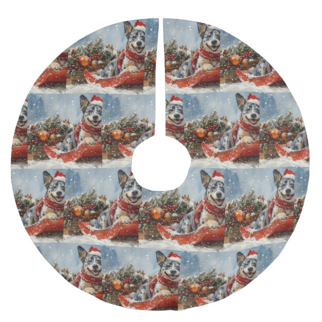 Blue Heeler Dog in Sledge Let it Snow Christmas Brushed Polyester Tree Skirt (Front)