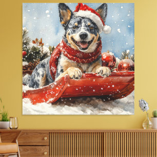 Blue Heeler Dog in Sledge Let it Snow Christmas Canvas Print