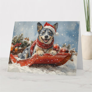 Blue Heeler Dog in Sledge Let it Snow Christmas Card