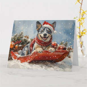 Blue Heeler Dog in Sledge Let it Snow Christmas Card
