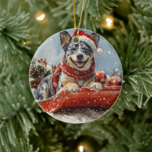 Blue Heeler Dog in Sledge Let it Snow Christmas Ceramic Ornament