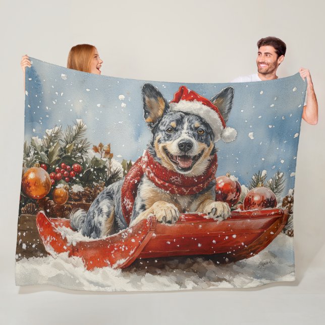 Blue Heeler Dog in Sledge Let it Snow Christmas Fleece Blanket (In Situ)