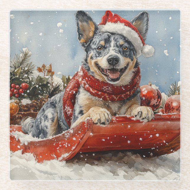 Blue Heeler Dog in Sledge Let it Snow Christmas Glass Coaster (Front)