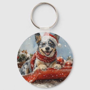 Blue Heeler Dog in Sledge Let it Snow Christmas Keychain