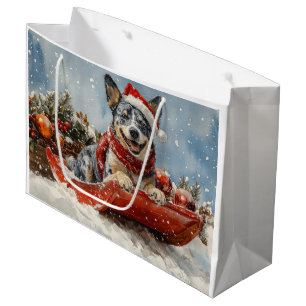 Blue Heeler Dog in Sledge Let it Snow Christmas Large Gift Bag