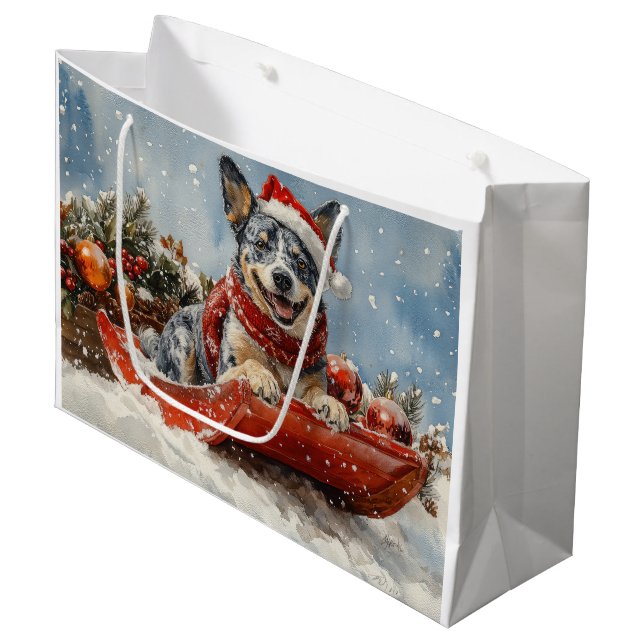 Blue Heeler Dog in Sledge Let it Snow Christmas Large Gift Bag (Front Angled)