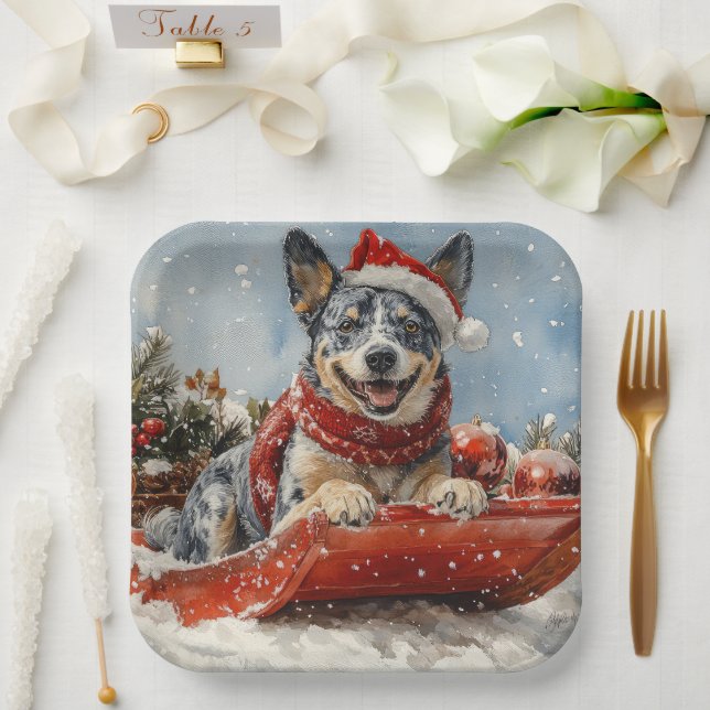Blue Heeler Dog in Sledge Let it Snow Christmas Paper Plate (Wedding)