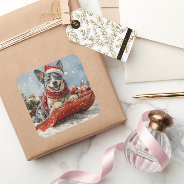 Blue Heeler Dog in Sledge Let it Snow Christmas Square Sticker (Gifting)