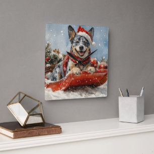 Blue Heeler Dog in Sledge Let it Snow Christmas Square Wall Clock
