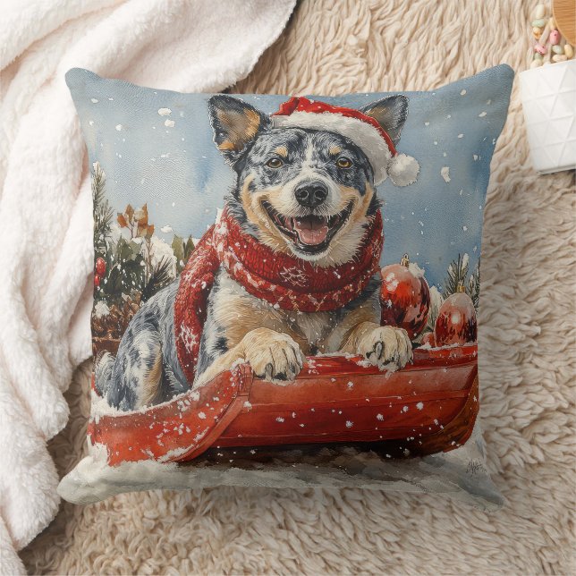 Blue Heeler Dog in Sledge Let it Snow Christmas Throw Pillow (Blanket)