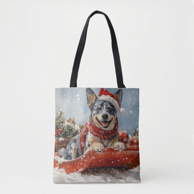 Blue Heeler Dog in Sledge Let it Snow Christmas Tote Bag (Front)