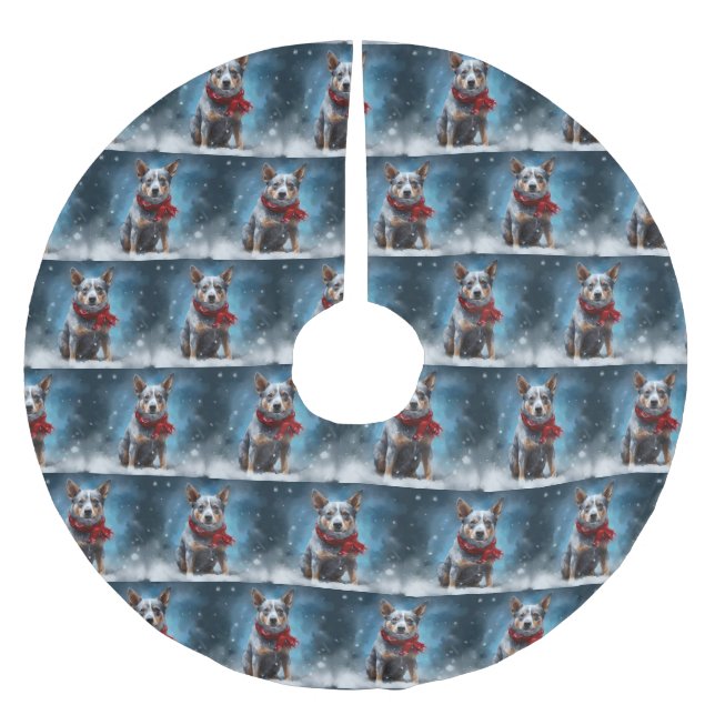 Blue Heeler Dog in Snow Christmas  Brushed Polyester Tree Skirt (Front)