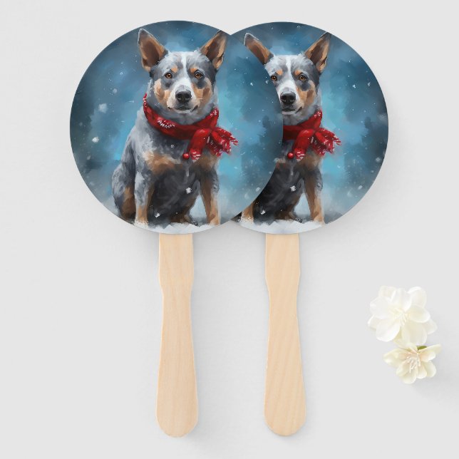 Blue Heeler Dog in Snow Christmas  Hand Fan (Front and Back)
