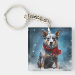 Blue Heeler Dog in Snow Christmas  Keychain
