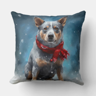 Blue Heeler Dog in Snow Christmas  Throw Pillow
