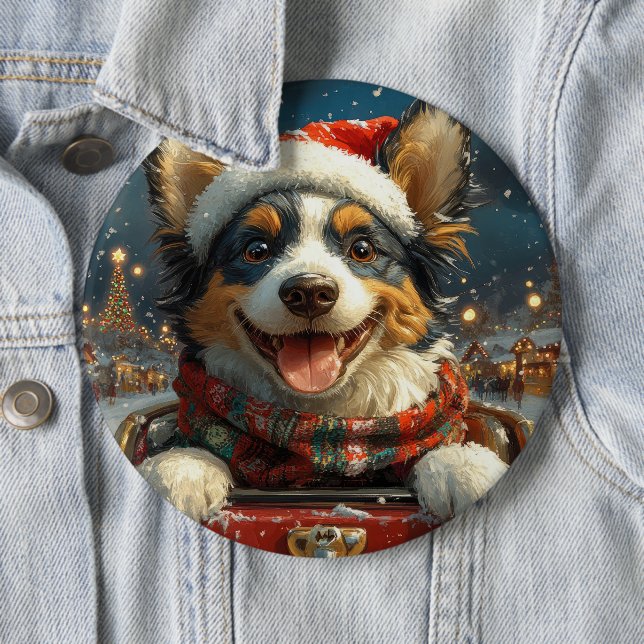 Blue Heeler Dog Roller Coaster Christmas 6 Inch Round Button (In Situ)
