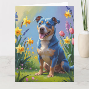 Blue Heeler Dog Spring Flowers Painting Card