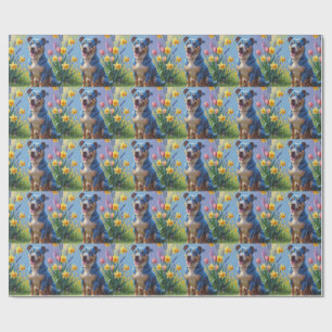 Blue Heeler Dog Spring Flowers Painting  Wrapping Paper