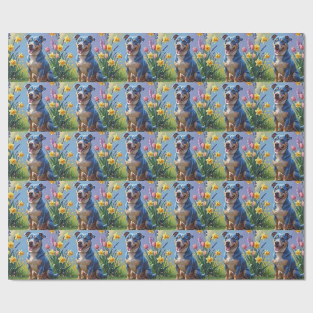 Blue Heeler Dog Spring Flowers Painting  Wrapping Paper (Flat)