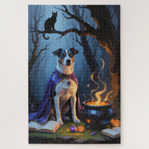 Blue Heeler Dog Whimsical Halloween Painting Jigsaw Puzzle