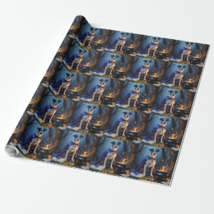 Blue Heeler Dog Whimsical Halloween Painting Wrapping Paper