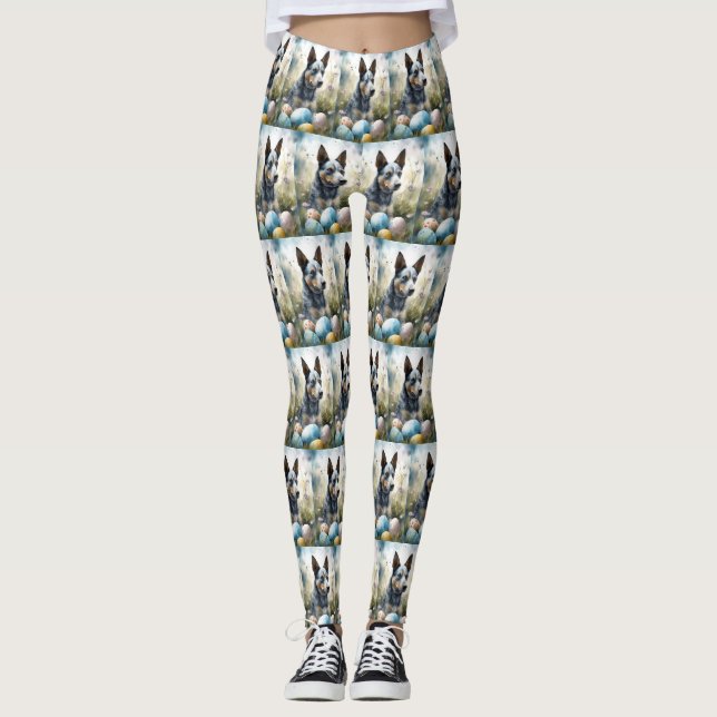 Blue Heeler Dog with Easter Eggs Holiday  Leggings (Front)