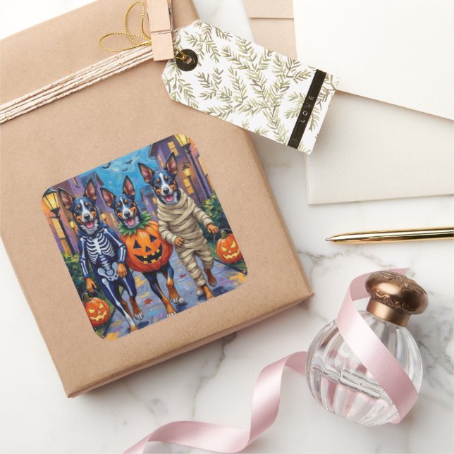 Blue Heeler Dogs Trick-or-Treating in Halloween Co Square Sticker (Gifting)