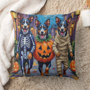 Blue Heeler Dogs Trick-or-Treating in Halloween Co Throw Pillow