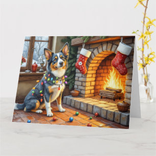 Blue Heeler Fireplace with Christmas Lights Card