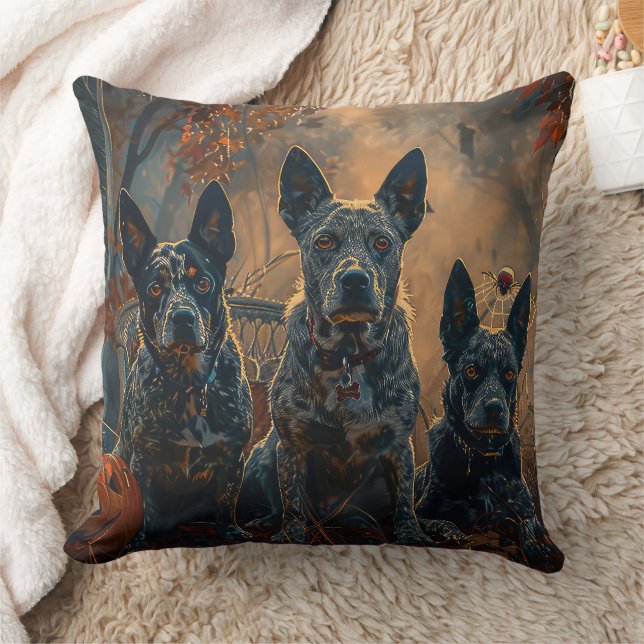 Blue Heeler Halloween Night Doggy Delight Throw Pillow (Blanket)