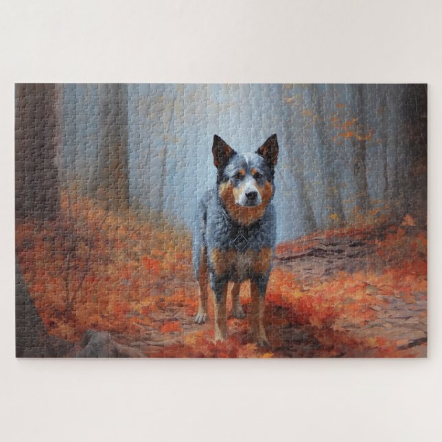 Blue Heeler in Autumn Leaves Fall Inspire Jigsaw Puzzle (Horizontal)