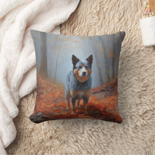 Blue Heeler in Autumn Leaves Fall Inspire Throw Pillow