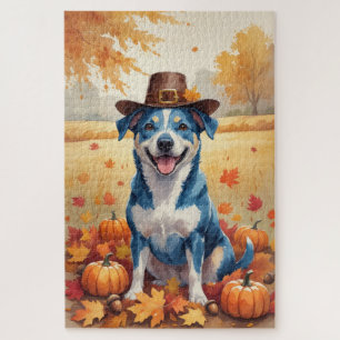 Blue Heeler In Autumn Leaves Thanksgiving Art Jigsaw Puzzle
