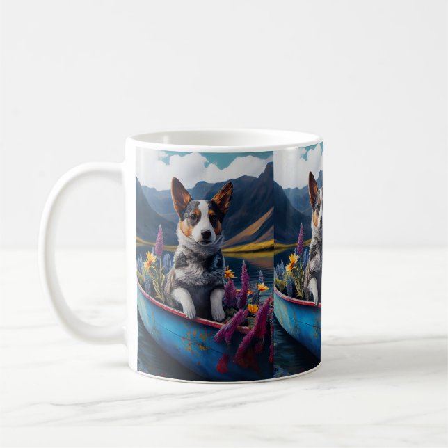 Blue Heeler on a Paddle: A Scenic Adventure Coffee Mug (Left)