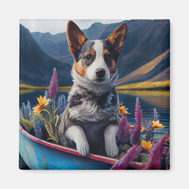 Blue Heeler on a Paddle: A Scenic Adventure Magnet (Front)