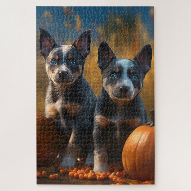 Blue Heeler Puppy Autumn Delight Pumpkin Jigsaw Puzzle (Vertical)