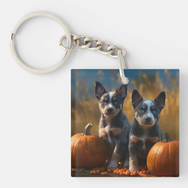 Blue Heeler Puppy Autumn Delight Pumpkin Keychain (Front)