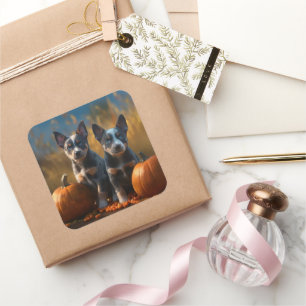 Blue Heeler Puppy Autumn Delight Pumpkin Square Sticker