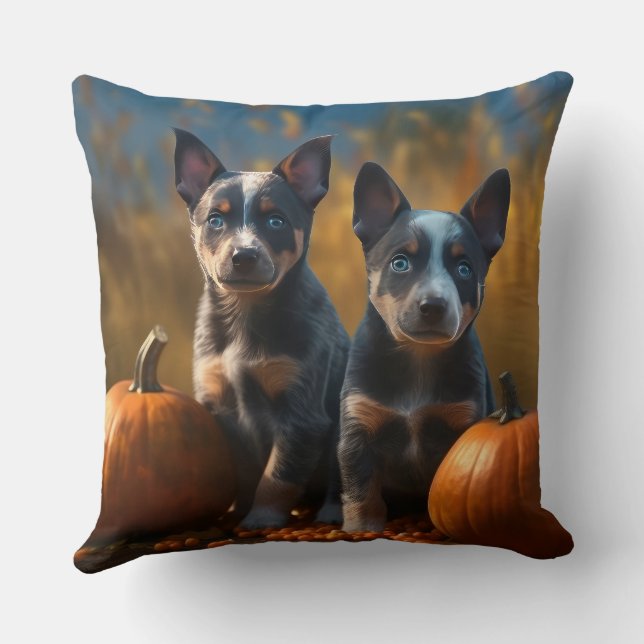 Blue Heeler Puppy Autumn Delight Pumpkin Throw Pillow (Back)