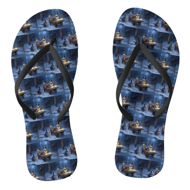 Blue Heeler Snowy Sleigh Christmas Decor  Flip Flops (Footbed)