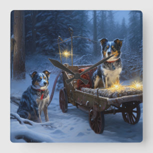 Blue Heeler Snowy Sleigh Christmas Decor Square Wall Clock