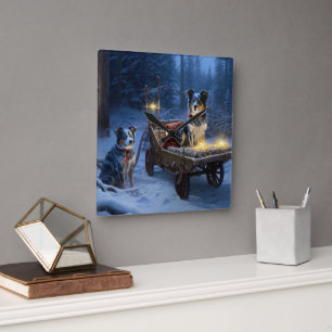 Blue Heeler Snowy Sleigh Christmas Decor  Square Wall Clock