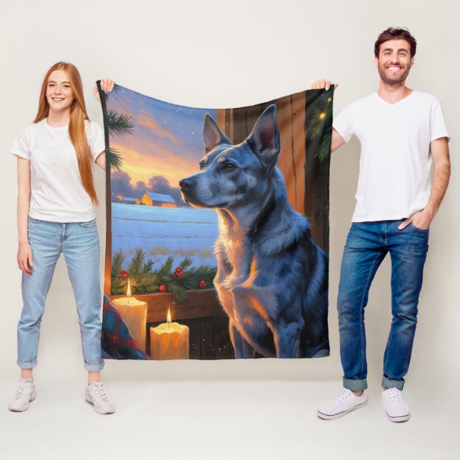 Blue Heeler With Christmas Lights Holiday  Fleece Blanket (In Situ)