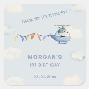 Blue Helicopter Cute Wolf First Birthday Square Sticker