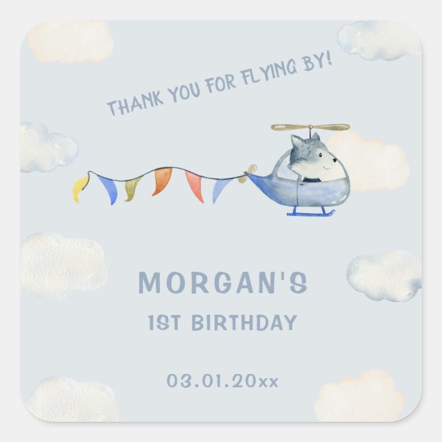 Blue Helicopter Cute Wolf First Birthday  Square Sticker (Front)